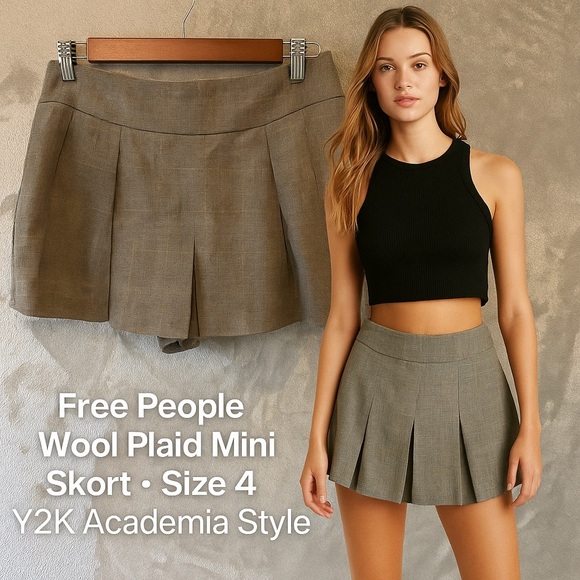 Rare Free People Wool Plaid Mini Skort Sz 4 Y2K 90’s Academia Brittany Spears - Picture 2 of 8
